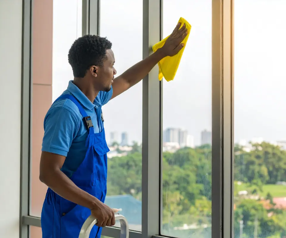 Window cleaning services worker wiping large glass windows with a yellow cloth in a high-rise building.